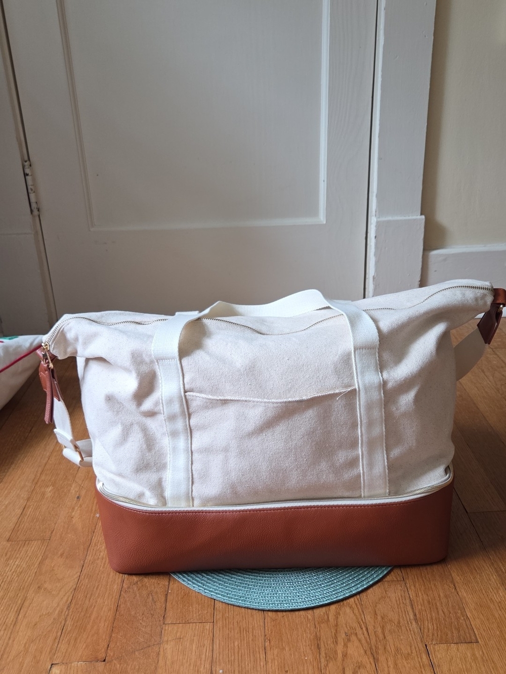 Universal Thread Cream Canvas Travel Bag with Brown Faux Leather Base